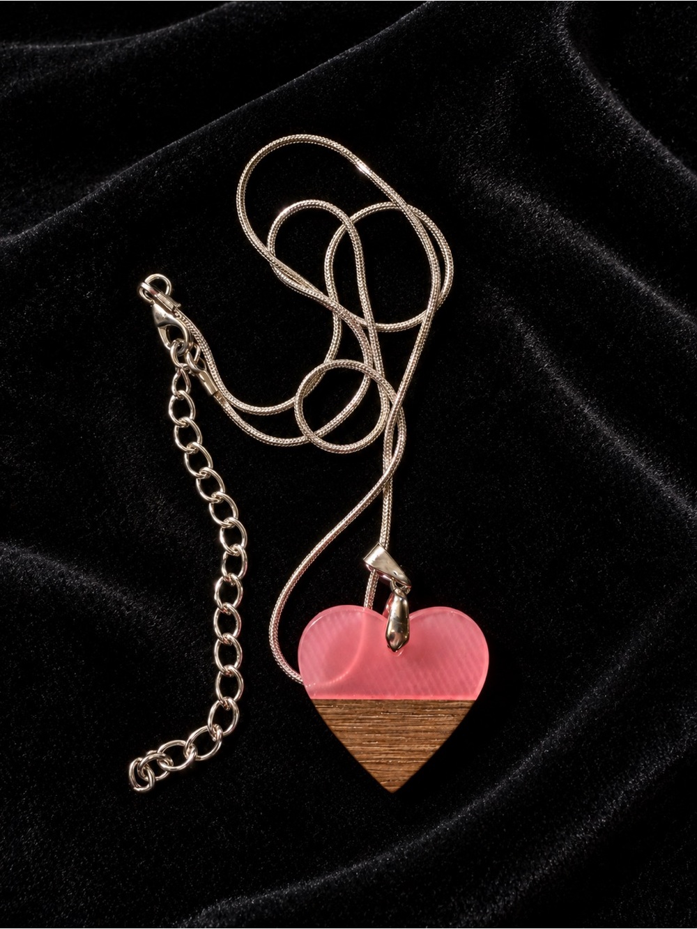 Wood and Pink Acrylic Heart Pendant on a Chain